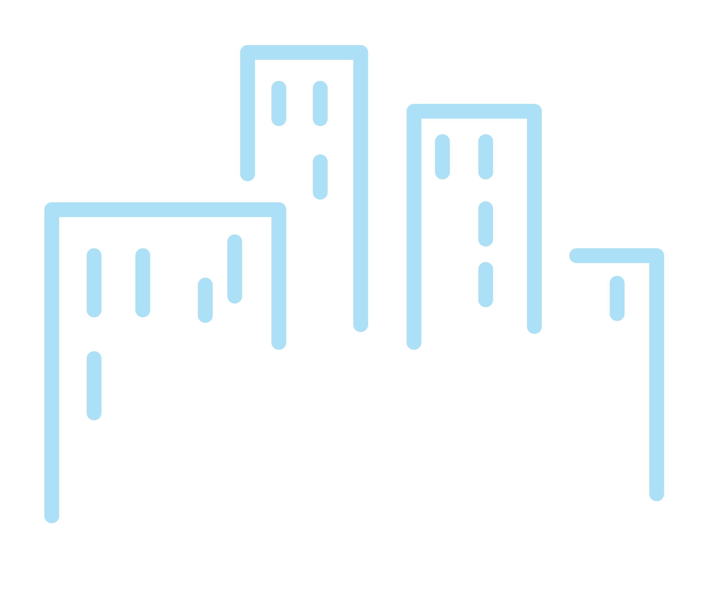 Blue outlined sky-scraper building graphic
